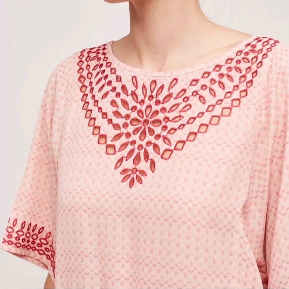 Anthropologie Embroidered Coral Peach Pastel Tie Waist Short Sleeve Kimono Top - Picture 3 of 11